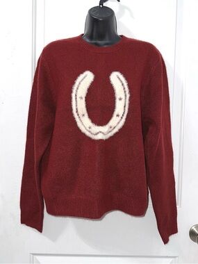 Wrangler Retro Horseshoe Sweater, fuzzy white horseshoe graphic red knit sweater